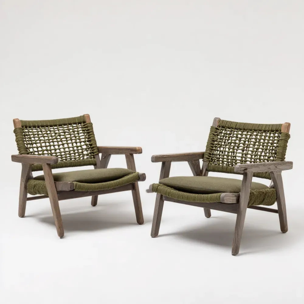 Patio Lounge Chairs 75x85x70 cm Wooden Frame with Rope Weaving - Olive Green - Rustic Style